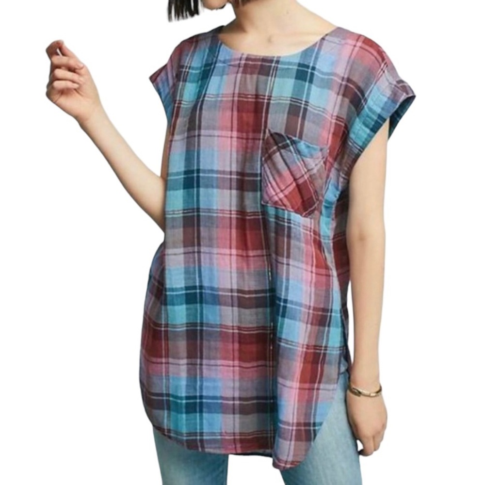 Anthropologie Pastel Plaid High Low Split Hem Blue Pink Short Sleeve Top S